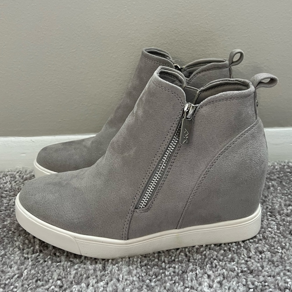 Gray Anne Klein suede wedge sneaker booties